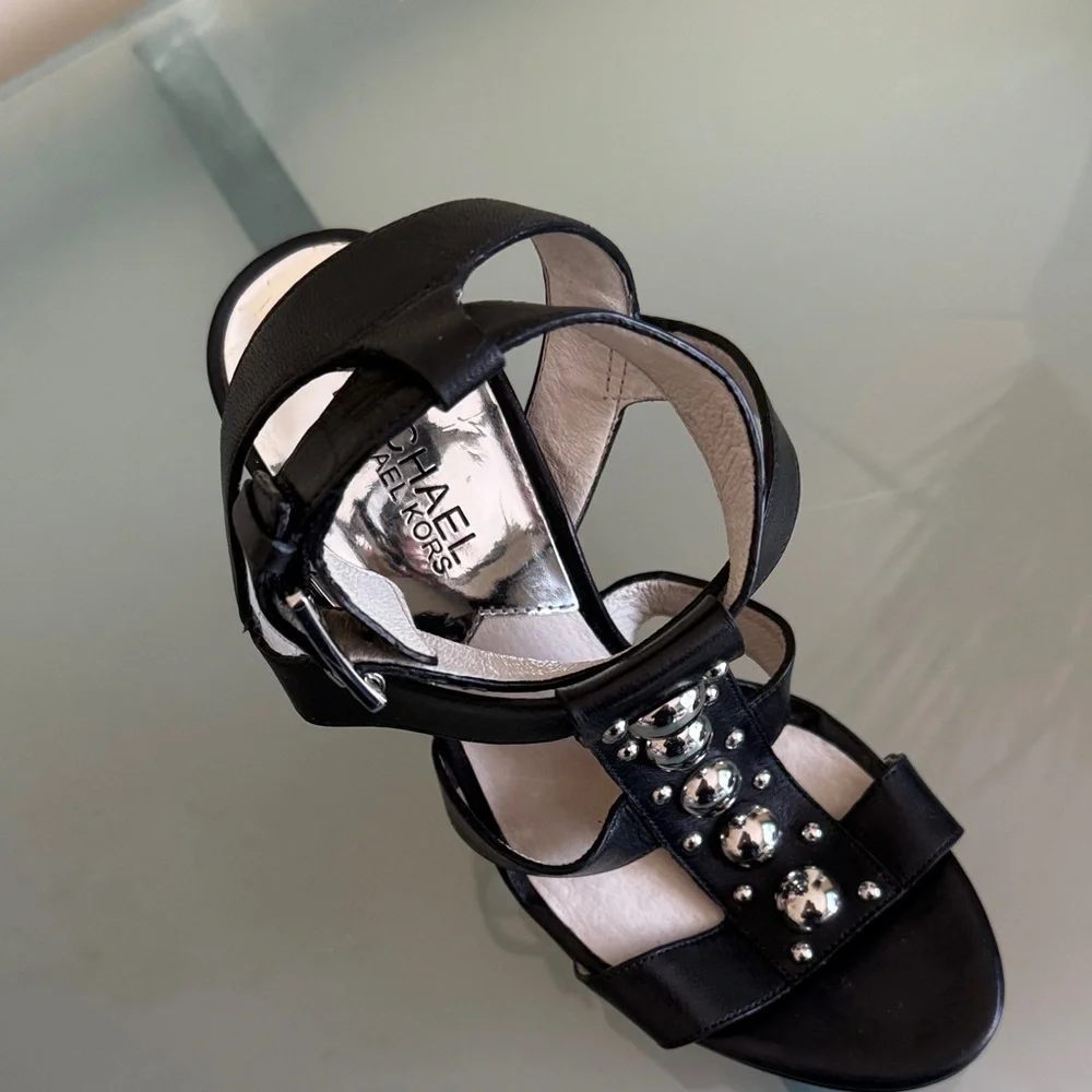 Michael Kors Black Leather Stiletto Sandals Size 9 Silver Studded Platform Heels